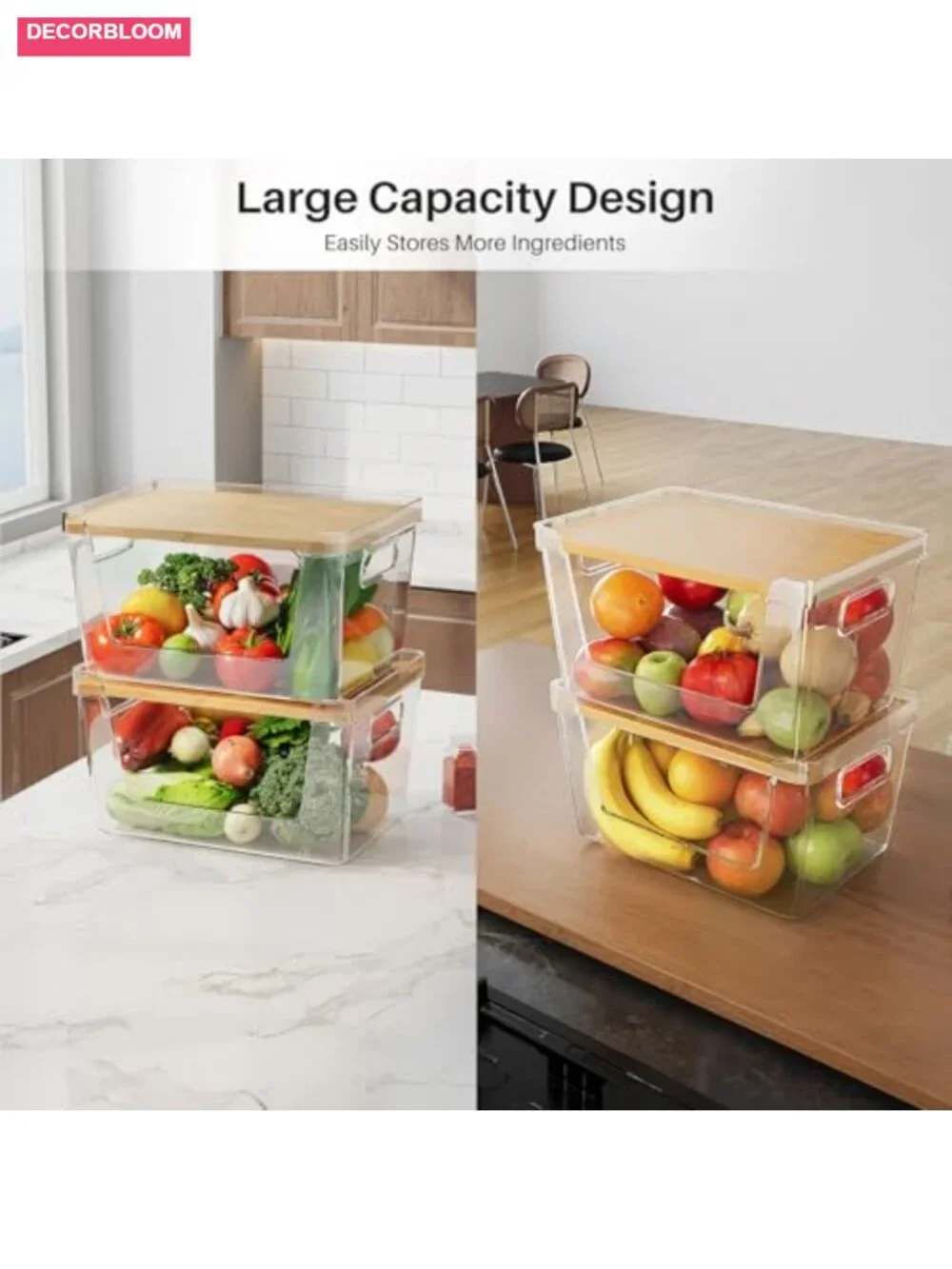 2 Set Pantry Organizer Stackable Storage Bins Bamboo Lid Produce Container